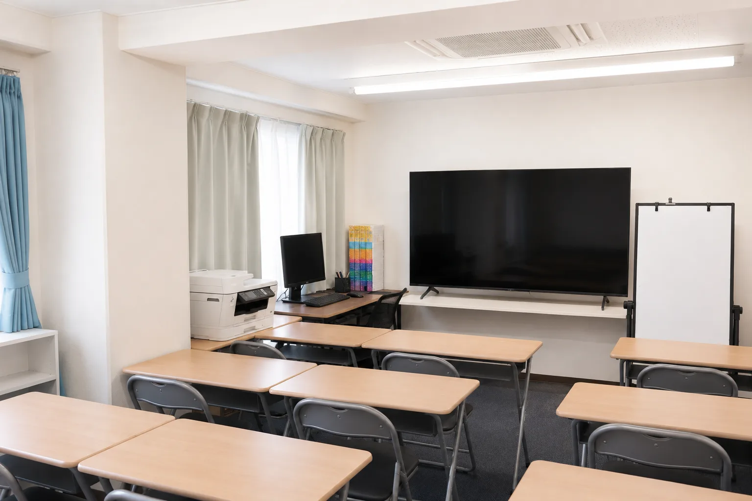 クリックで拡大 電子ボードとホワイトボードを備えた教室